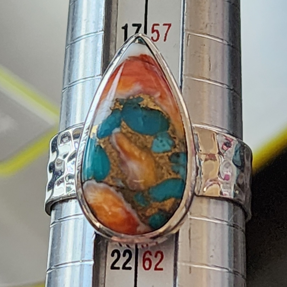 Sterling Silver Turquoise and Orange Teardrop Ring